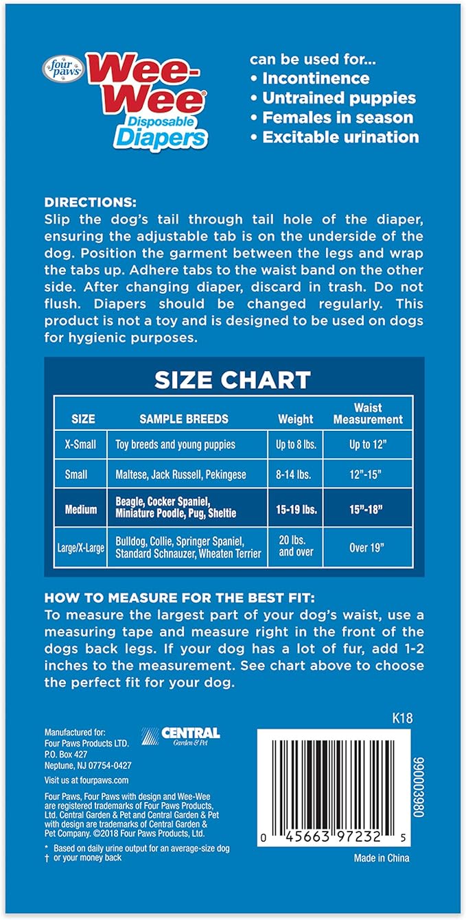 Four Paws Wee-Wee Super Absorbent Disposable Adjustable Dog Potty Training Diapers, Leak-Proof Protection for Dogs, Size Medium, 15" - 18" Waist, 12 Count