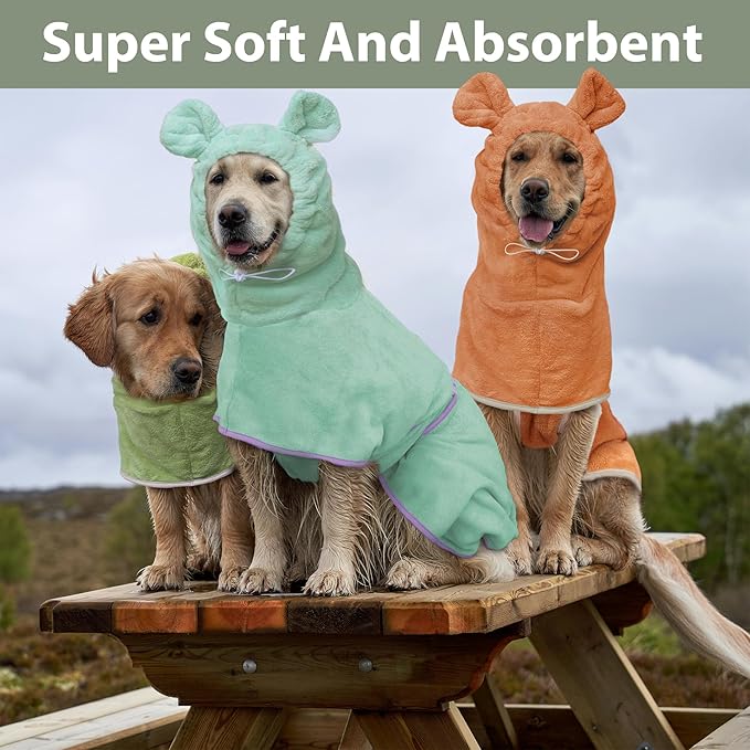 Dog Bathrobe Super Absorbent Towel Robe - Microfiber Bath Towels Fast Drying Coat for Dogs, Cute Dogs Clothes Adjustable Collar & Belly Strap Warm Keeping Hooded Dog Towel (Orange, Small)