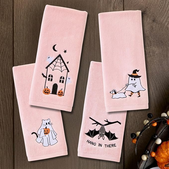 SKL Home Halloween Ghost Cat 100% Cotton Embroidered 2pc Hand Towel Set, Decorative for Bath/Kitchen/Bar & Gift, Pink