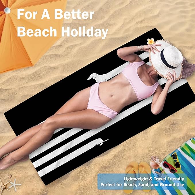 Cute Dog Dachshund Beach Towel Gifts for Dog Lovers Owner, Funny Black and White Wiener Microfiber Quick Dry Travel Sand Free Beach Towels Oversized Decor for Bathroom Swimming Pool 30x60 Inch
