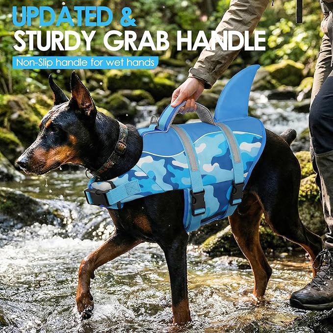 AOFITEE Dog Life Jacket, Shark Dog Life Vest for Swimming Boating, High Flotation Pet Lifesaver with Rescue Handle, Reflective French Bulldog Lifejacket, Swim Vest for Small Medium Large Dogs, M