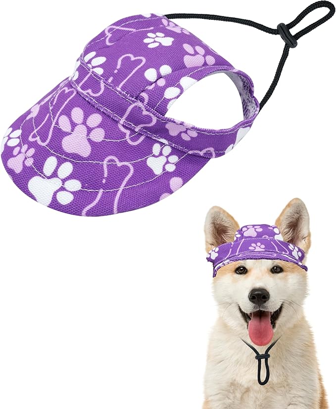 PET SHOW Dog Baseball Cap Paw Print Dog Visors for Small Doggy Cats Waterproof Pet Sun Hats with Ear Holes Adjustable Drawstring Girl Puppy Hat -Purple/S