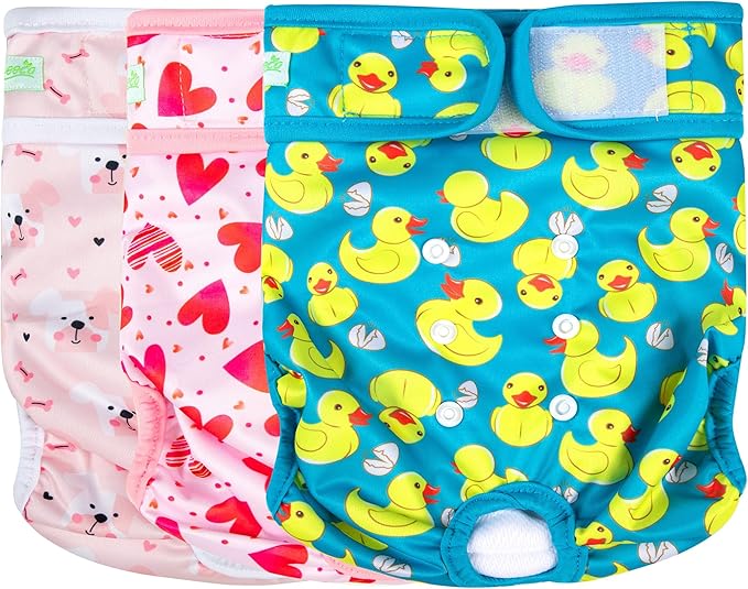 wegreeco Washable Female Dog Diapers Highly Absorbent Reusable Diapers for Dog in Heat Period, 3 Pack (Yellow Ducks, Medium)