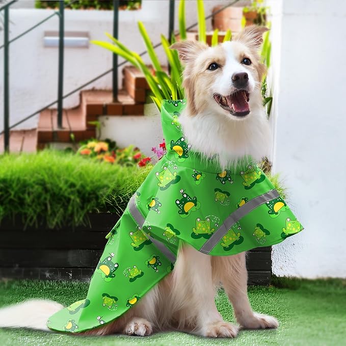 DELIFUR Large Dog Raincoat - Waterproof Dog Rain Poncho Adjustable Double Layer Rain Jacket with Hood for Medium Large Dogs Designed with Leash Hole Reflective Strip(Green Frog, Medium)