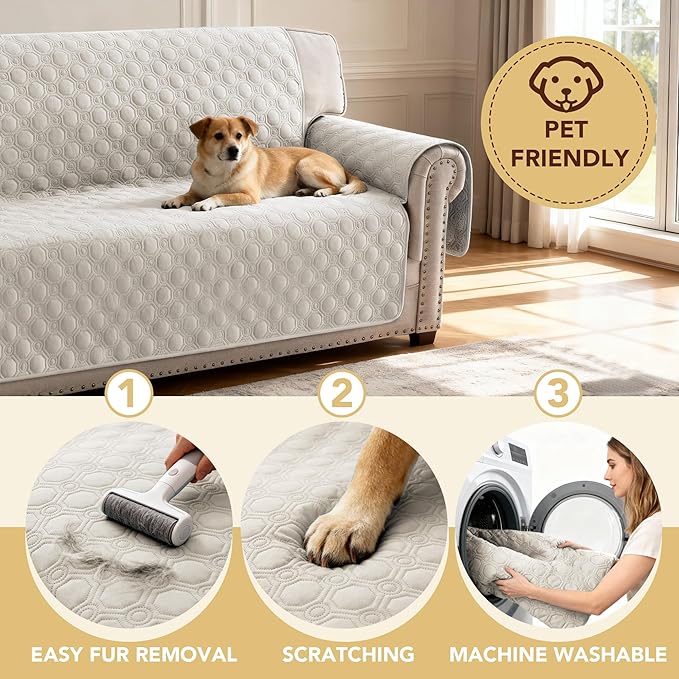 H.VERSAILTEX 100% Waterproof Couch Cover for 3 Cushion Couch Sofa Cover for Dogs Triple Non-Slip Furniture Protector Cover with Elastic Straps for Pet Cat(Sofa, French Oak)