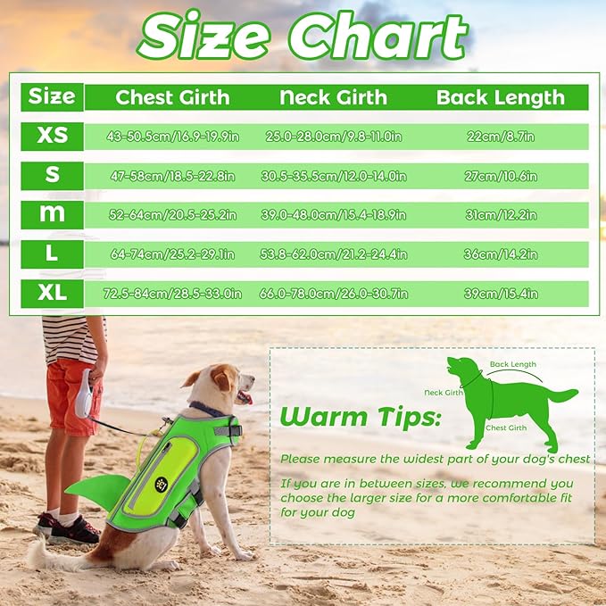 Dog Life Jacket, Shark Dog Life Vest Adjustable Pet Swimming Safety Vest with Superior Buoyancy & Rescue Handle for Small Medium Large Dogs, Swim, Pool, Beach, Boating (LightGreen, X-Small)