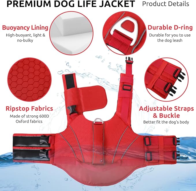 Queenmore Dog Life Jackets, Dog Life Vest for Swimming Medium, Ripstop Pet Lifesaver with Rescue Handle, High Visibility Flotation Vest, Pet Pool Float (Red,M)