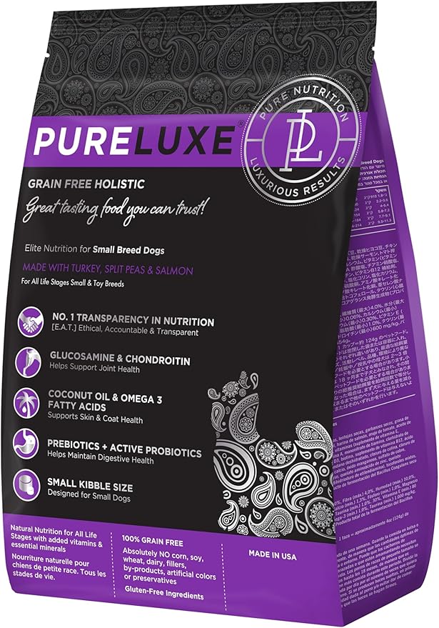 PURELUXE Grain and Gluten Free Dog Food, Turkey, Split Peas, and Salmon Elite Nutrition, for Small Breed Dogs at All Life Stages, Made in The USA, 4lbs