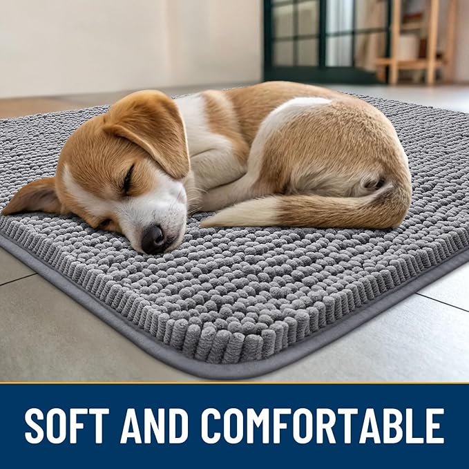 Smiry Dog Door Mat for Muddy Paws 34x21, Absorbs Moisture and Dirt Doormat, Non-Slip Washable Quick Dry Chenille Front Door Mat Indoor Entrance, Entryway Carpet for Inside Floor, Grey