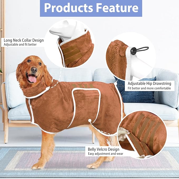Dog Bathrobe Towel Dog Drying Coat - Super Absorbent Towels Bath Robe for Dogs Large, Soft Adjustable Collar & Belly Strap Fast Drying Coat Pet Cat Bath Robe (Brown, Medium)