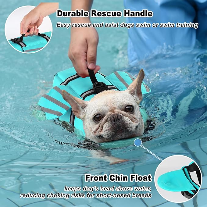 Dog Life Jacket, Wings Adjustable Dog Life Vest with Chin Float Reflective Stripes and Handle, High Buoyancy Puppy Swim Floating Vest for Small Medium Large Dogs - Pine Green, S
