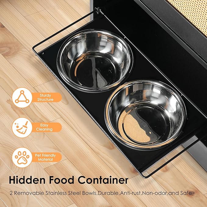 Pet Feeder Station Dog Feeding Station Dog Food Toy Storage Cabinet Storage Container with 2 Pull Out Bowls, Adjustable Panel, Side Hooks, Rattan Door, Black (20.5" Lx14.6 Wx32.1 H)