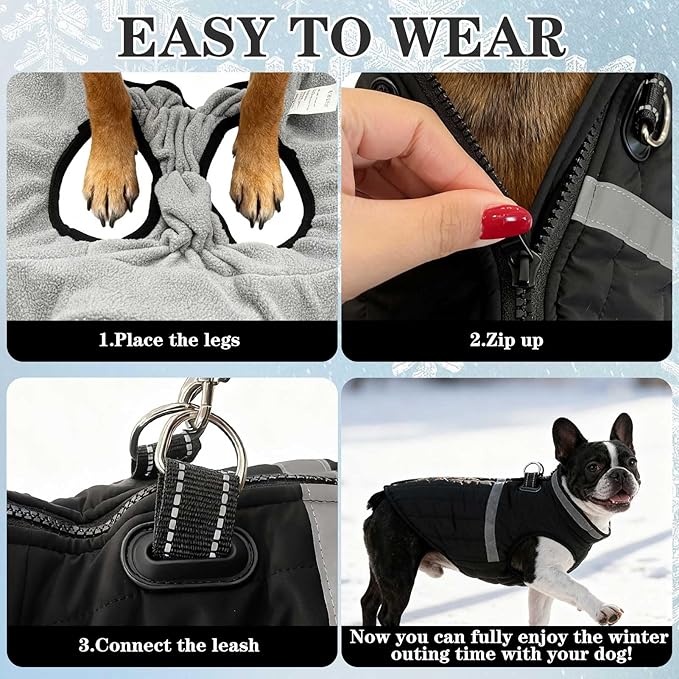 EXPAWLORER Dog Winter Coat Jacket, Thick Warm Waterproof Reflective Puppy Snowsuit with Harness Buit in, Pet Fleece Vest Soft Turtleneck with Zipper Cold Weather for Small Medium Dogs - Black, M