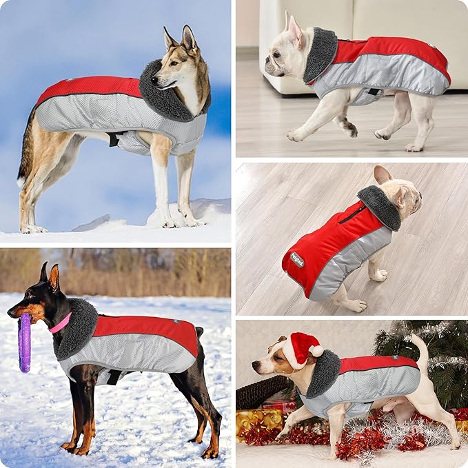 Dog Coat, Waterproof Ripstop Dog Winter Jacket with Leash Hole, Reflective Adjustable Warm Pet Fleece Snow Sweater for Small Medium Large Dogs - Red, XL