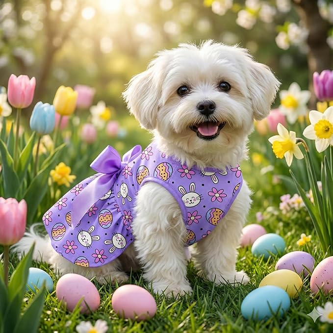 Easter Dog Dress Purple Bunny & Egg Pattern, Cute Spring Girl Puppy Skirt with Large Satin Bow, Soft Breathable Pet Clothes for Small Medium Dogs & Cats, Holiday Party Outfit Apparel