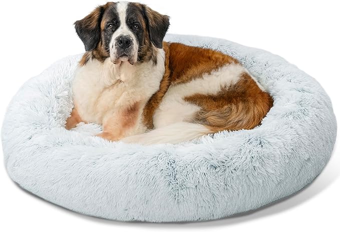 Best Friends by Sheri The Original Calming Donut Dog Bed – Washable Plush Pet Bed for XL Breeds up to 150 lbs, Shag Faux Fur, Frost Gray, XL (45" x 45")