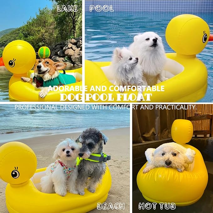 Dog Pool Float, Funny 6-in-1 Inflatable Dog Floats for Pool, Pet Floatie Raft for Small Dogs, Puppy and Doggies, Yellow Duck