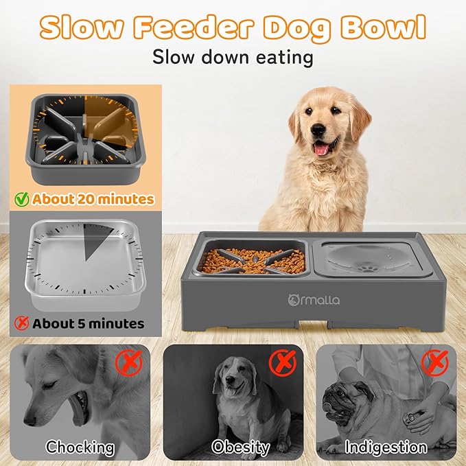 Elevated Slow Feeder Dog Bowls with No Spill Water Bowl, Raised Bowl for Large Medium Small Dogs, Food Stand Splash Guard, 4 Heights 3.7'', 8.5'', 10.1'', 11.7'', Grey (GW03)