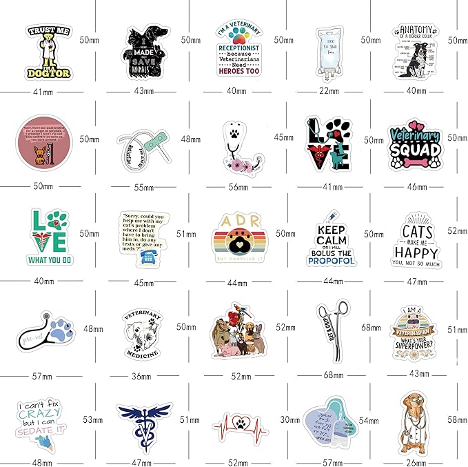 61Pcs Veterinary Stickers Pack |，Treatment Animals Medical Health Vet Tech Sticker for Water Bottle Skateboard Luggage Laptop Computer Phone Wall Surfboard