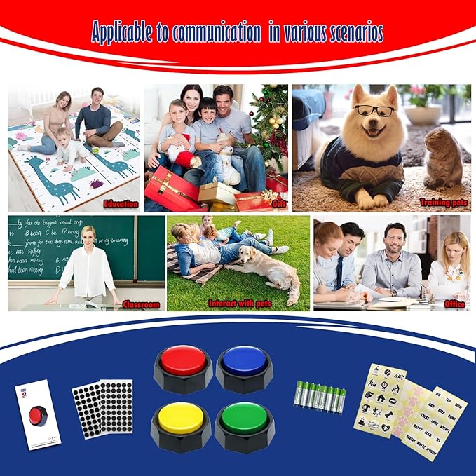 Recordable Buttons, Dog Buttons for Communication, 30 Seconds Recording Upgrade, Pack of 4 Colored Buzzers, Easy to Use,Material Safety. (Batteries Inside)
