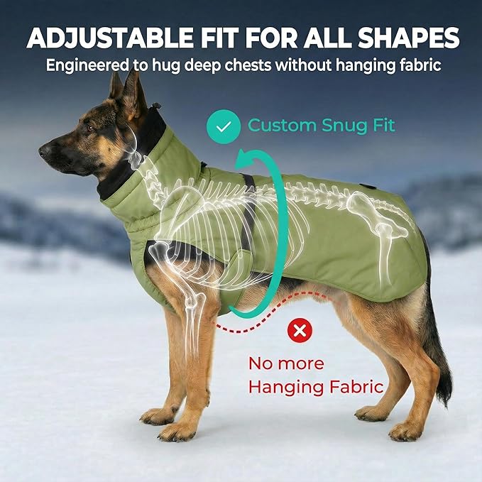 Dog Winter Coat, Warm Puffer Jacket with Fur-Safe Buckle & Leash Hole for Cold Weather, Water-Repellent Snow Vest, Breathable Thermal Apparel for Hiking & Active Dogs (Green, X-Small)