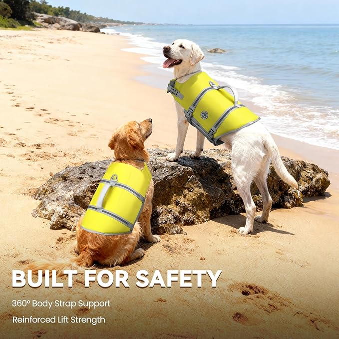 VIVAGLORY Rip Stop Dog Life Vest, Swimming Vest with Handle, Buoyancy for Doggy Puppy, Dog Life Jacket for Swimming & Boating, XL, Yellow Grey