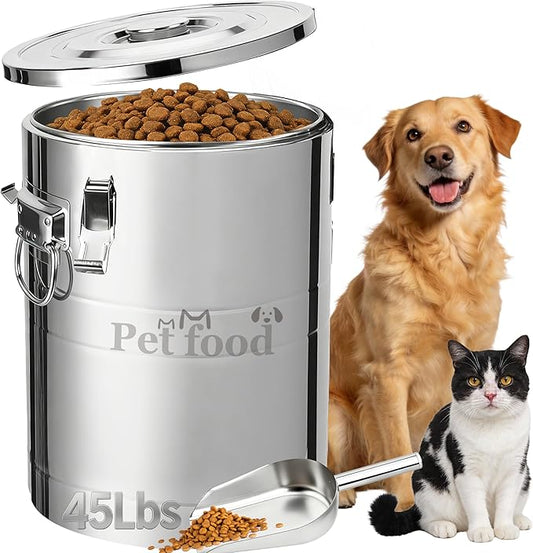Newget 45 Lbs Stainless Steel Dog Food Storage Container, Large Airtight Pet Food Storage Bin with Lid to Keep Fresh, Metal Container with Scoop for Dog, Cat, Bird Seed, Rice, Grain & Kitchen Pantry