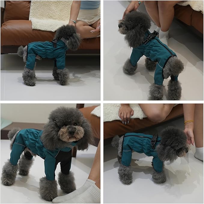 Winter Waterproof Dog Snowsuit – Full Body Outdoor Jacket with Leash Ring, Fleece Lining, Windproof Reflective 4-Leg Dog Coat for Small to Large Dogs Teal Blue XS