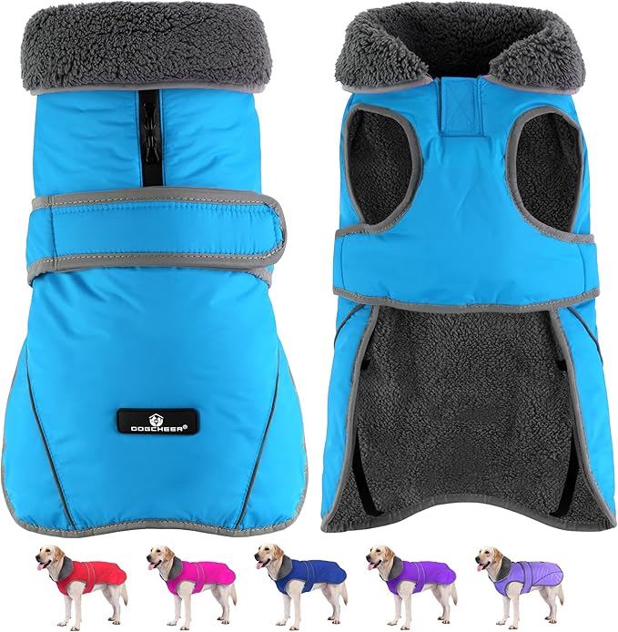 Dogcheer Dog Coat, Waterproof Dog Jacket Reflective Pet Winter Coat with Adjustable Hook & Loop, Christmas Puppy Fleece Jacket Warm Turtleneck Snowsuit for Small Medium Large Dogs - Sky Blue, L