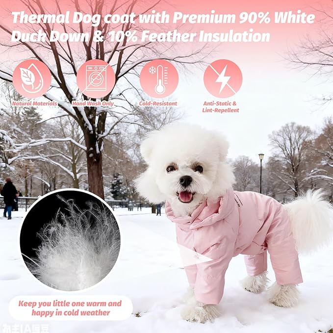 White Duck Down Dog Coat - 4-Leg Coverage, Waterproof Windproof Warm Winter Snowsuit, Cotton Anti-Static Lining, Built-in Harness Hole for Small/Medium Dogs,Size 18(XXXL) Pink