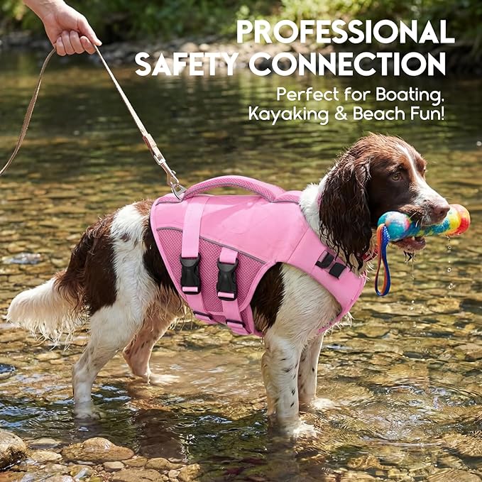 ASENKU Dog Life Jacket, High Floatation Dog Swimming Vest with Rescue Handles for Small Medium Large Dogs, Pet Safety Swimsuit Preserver for Pool Beach Boating (LightPink, S)