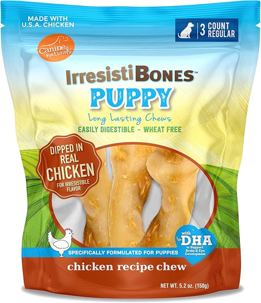 Canine Naturals IrresistiBONES Long Lasting Puppy Chicken and Rice Chew - Made with USA Chicken - All Natural - Added DHA for Healthy Growth - 3 Pack