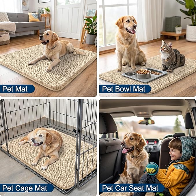 Smiry Dog Door Mat for Muddy Paws 44x32, Absorbs Moisture and Dirt Doormat, Non-Slip Washable Quick Dry Chenille Front Door Mat Indoor Entrance, Entryway Carpet for Inside Floor, Beige