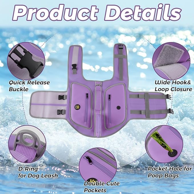 Dog Life Jacket, Shark Dog Life Vest Adjustable Pet Swimming Safety Vest with Superior Buoyancy & Rescue Handle for Small Medium Large Dogs, Swim, Pool, Beach, Boating (Lilac, X-Small)