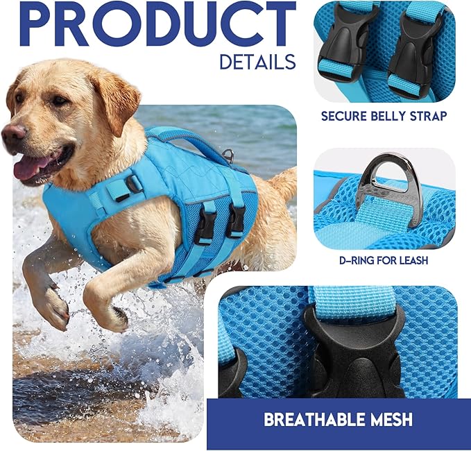 ASENKU Dog Life Jacket, High-Buoyancy Reflective Dog Swimming Vest with Durable Handles for Small/Medium/Large Dogs - Pool, Beach, Boating (Blue, L)