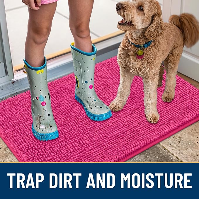 Smiry Dog Door Mat for Muddy Paws 59x24, Absorbs Moisture and Dirt Doormat, Non-Slip Washable Quick Dry Chenille Front Door Mat Indoor Entrance, Entryway Carpet for Inside Floor, Hot Pink