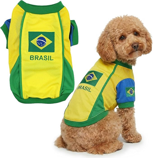 Parisian Pet Team Brazil Dog Jersey - Breathable Mesh Puppy Football Jersey - Lightweight Stretch Sporty Dog Clothes - Summer Shirts for Large Dogs - Soccer Jersey for Dogs - Sportswear Pet Clothes