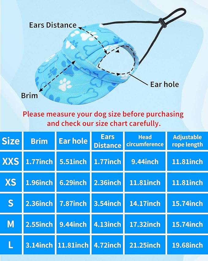 PET SHOW Dog Baseball Cap Paw Print Dog Visors for Small Doggy Cats Waterproof Pet Sun Hats with Ear Holes Adjustable Drawstring Boy Puppy Hat - Blue/XXS
