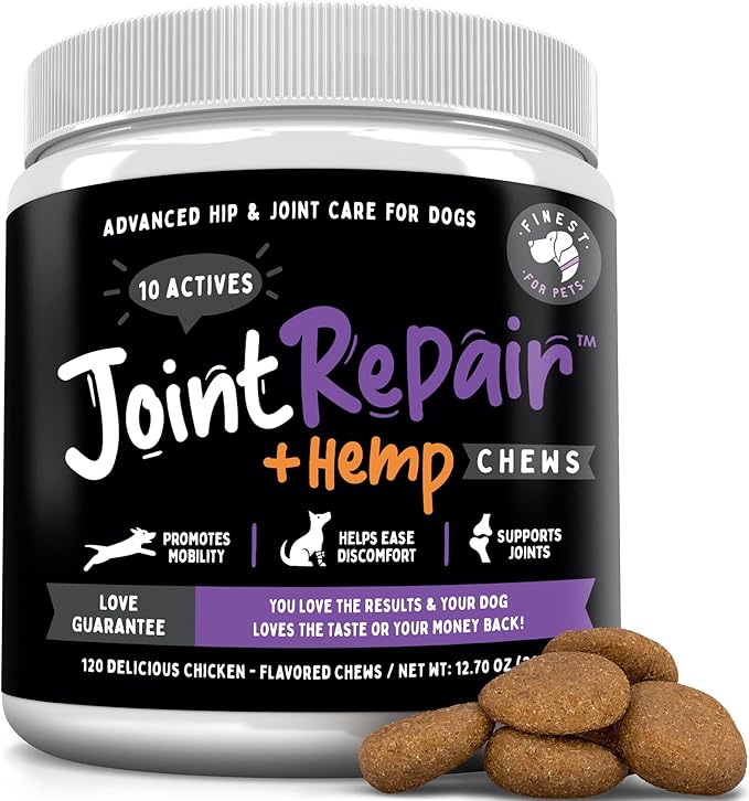 Joint Repair Dog Hip and Joint Supplement with Glucosamine, Chondroitin, Omega 3, MSM, Hemp & Turmeric. Supports Hip & Joint Health, Mobility & New Cartilage. 120 Chicken Flavor Chews, Made in USA
