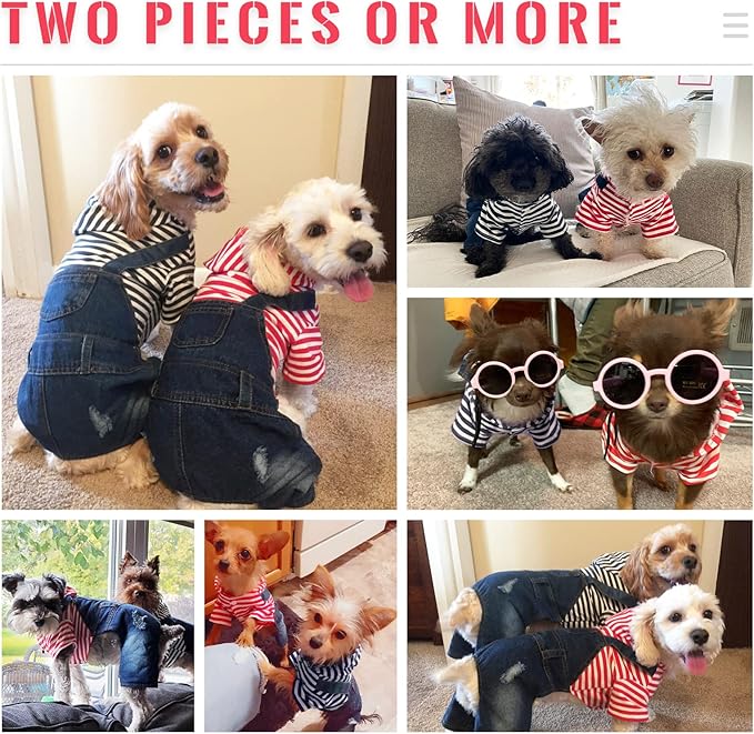 Small Dog Hoodie Clothes Cute Stripe Shirts Denim Jumpsuit One-Piece Outfit for Small Medium Dogs Cats Boy Girl Chihuahua Blue Jeans Overalls Puppy Costume (Red,S)
