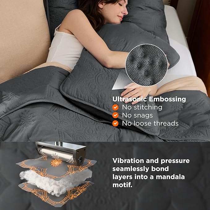 Bedsure King Size Quilt - Stitch-Free Ultrasonic Quilting, Dark Grey Bedspread with Modern Vintage Mandala Embossed Pattern, Lightweight All-Season Comforter & Coverlet, 106 x 96 Inches | Stitch-Free Quilting, Ultra Soft, Lightweight, Machine Washable,...
