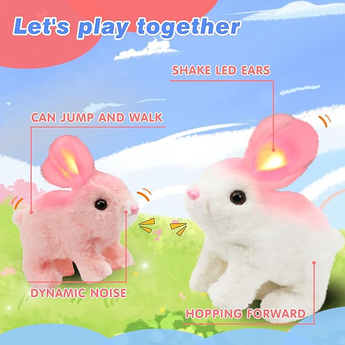 Hopearl Hopping Rabbit with LED Ears Interactive Electronic Pet Plush Bunny Toy with Sounds and Movements Animated Walking Wiggle Light up Ears Twitch Nose Gift for Toddlers Birthday, White, 7''