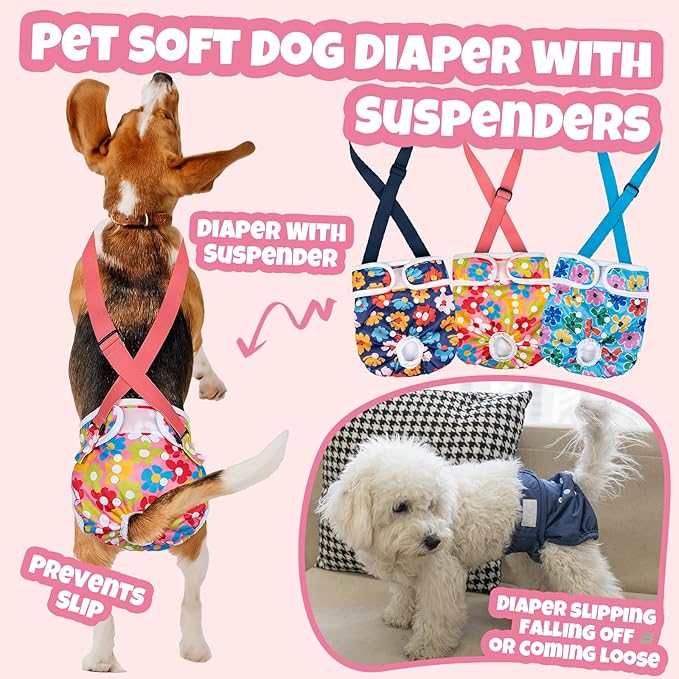 Pet Soft Dog Diapers Female with Suspenders, 3 Pack Reusable Female Dog Diapers for Heat, Dog Period Panties for Doggie in Cycle(Medium, Bear Brown)
