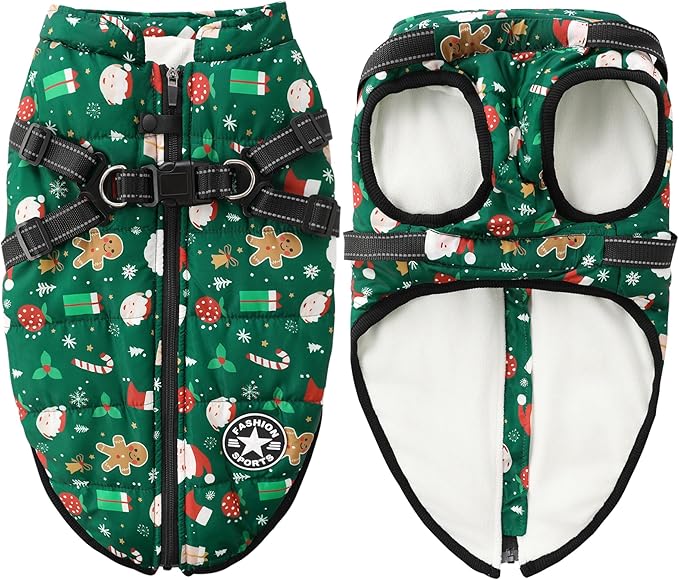 Aiboria Dog Jackets for Winter Windproof Waterproof Vest Fleece Warm Dogs Coat with Belt Christmas Green XL