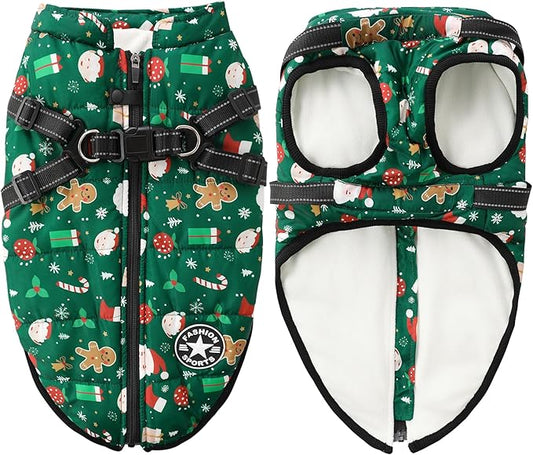 Aiboria Dog Jackets for Winter Windproof Waterproof Vest Fleece Warm Dogs Coat with Belt Christmas Green L