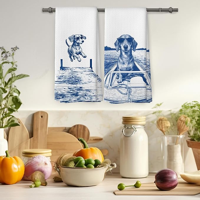 Lake House Decor Dachshund Kitchen Towels Set of 2, Summer Funny Lake Dog Coastal Bathroom Hand Towel, Dog Lover Gifts Tea Towel Dish Towels 16x24 Inch