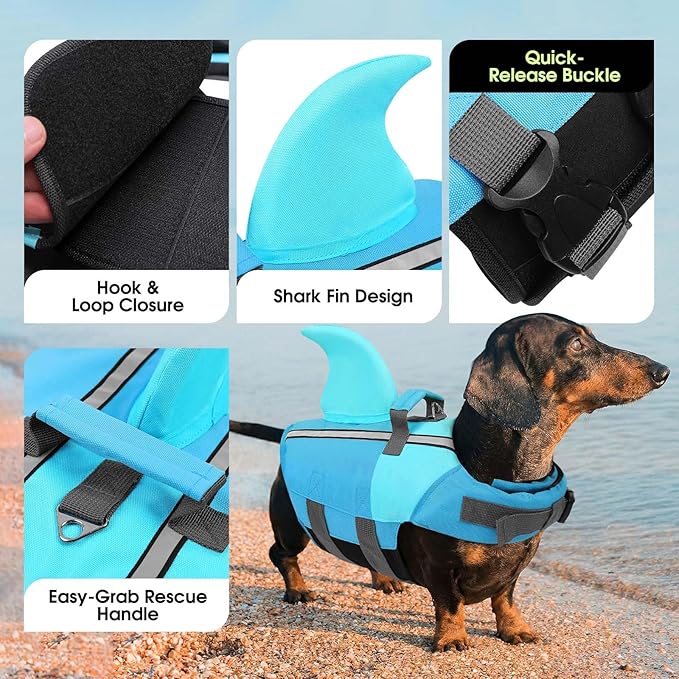 SUNFURA Dog Life Jacket Shark Life Vest for Dogs, Adjustable Swmming Vest with High Buoyancy, Safety Lifesaver with Rescue Handle for French Bulldog Small Medium Breeds, PoolBlue M