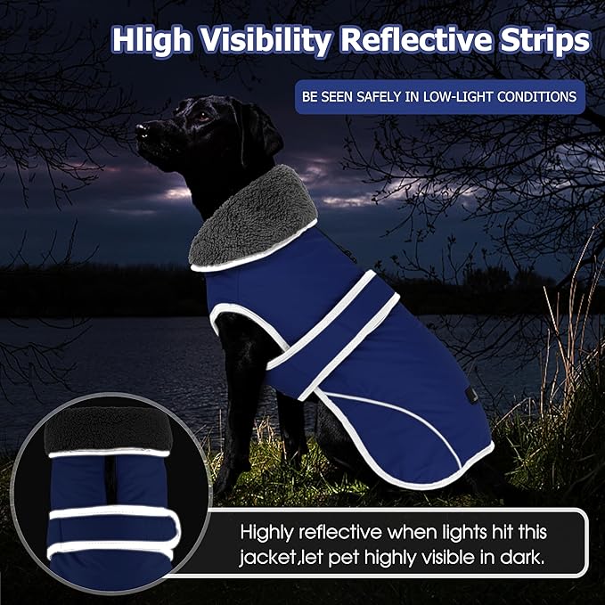 Dogcheer Dog Coat, Waterproof Dog Jacket Reflective Pet Winter Coat with Adjustable Hook & Loop, Christmas Puppy Fleece Jacket Warm Turtleneck Snowsuit for Small Medium Large Dogs - Blue, L