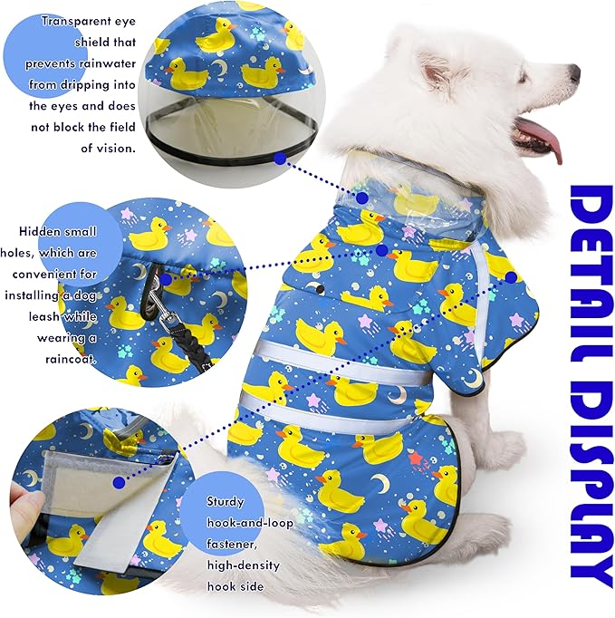 Dog Raincoat, Adjustable Rain Jacket with Hooded Double Layer for Large Medium Small Dogs Puppies, Lightweight Waterproof Rain Coat Poncho with Reflective Stripe Duck Blue,XXL