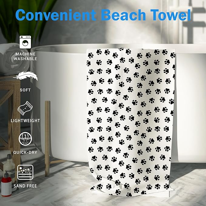 Cute Paws Dog Pet Beach Towel Gifts for Women Dog Lovers Owner, Funny Black and White Microfiber Quick Dry Travel Sand Free Beach Towels Oversized Decor for Bathroom Swimming Pool 30x60 Inch